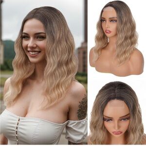 Short Ombre Blonde Wavy Wig with Lace, Shoulder Length Middle Part synthetic